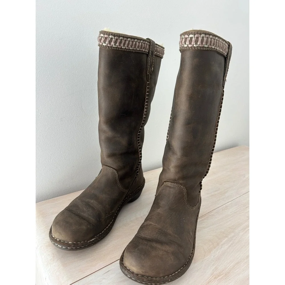 UGG Australia Sunburst Tall Brown Leather Shearling Boots Size 7 5359